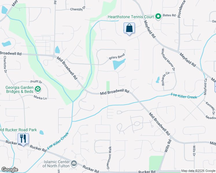 map of restaurants, bars, coffee shops, grocery stores, and more near 1480 Mid Broadwell Road in Alpharetta
