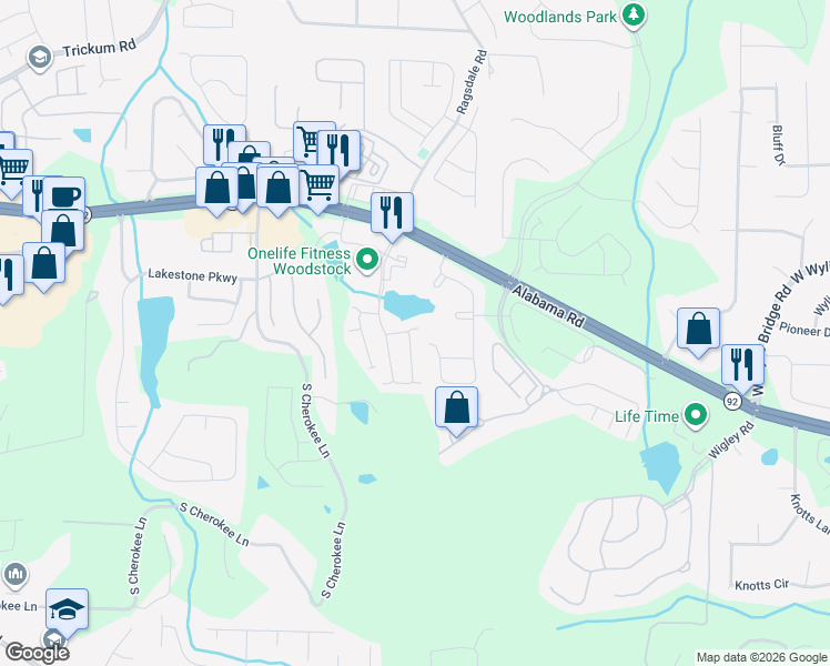 map of restaurants, bars, coffee shops, grocery stores, and more near 338 Lauren Lane in Woodstock