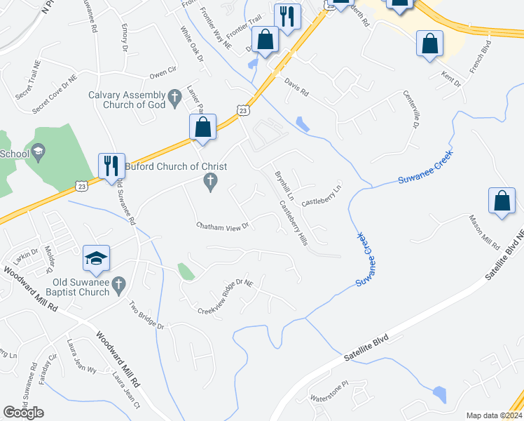 map of restaurants, bars, coffee shops, grocery stores, and more near 4209 Chatham View Drive in Buford