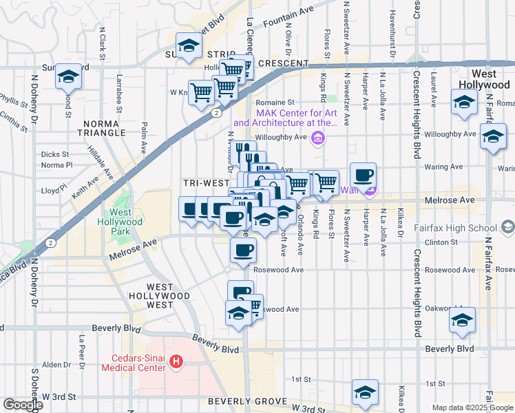 map of restaurants, bars, coffee shops, grocery stores, and more near 630 North La Cienega Boulevard in Los Angeles