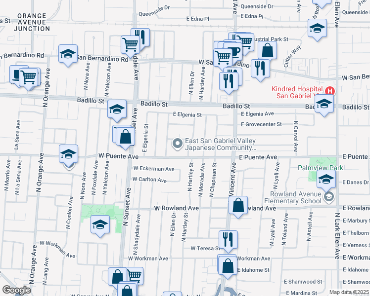 map of restaurants, bars, coffee shops, grocery stores, and more near 711 North Hartley Street in West Covina