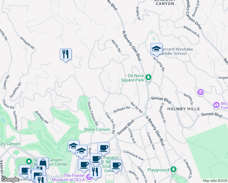 map of restaurants, bars, coffee shops, grocery stores, and more near 332 Bel Air Road in Los Angeles