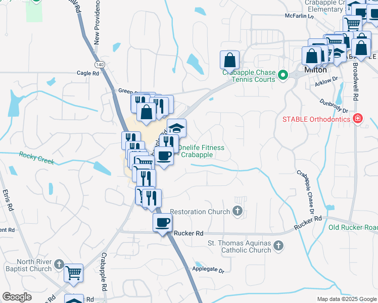 map of restaurants, bars, coffee shops, grocery stores, and more near 555 Carybell Lane in Alpharetta