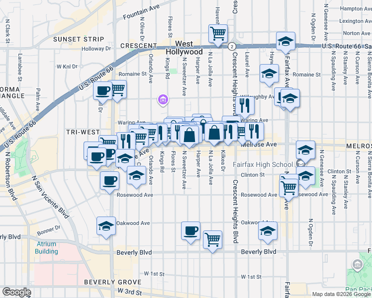 map of restaurants, bars, coffee shops, grocery stores, and more near 8284 Melrose Avenue in Los Angeles