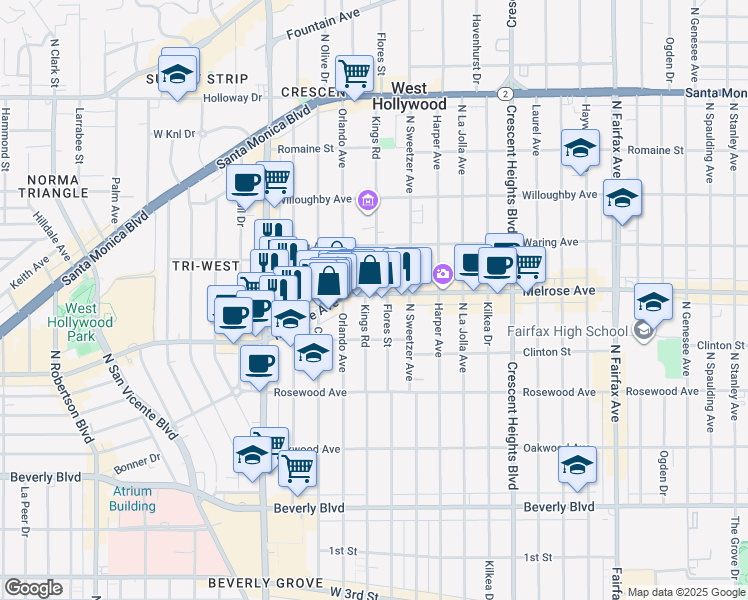 map of restaurants, bars, coffee shops, grocery stores, and more near 631 Kings Road in West Hollywood