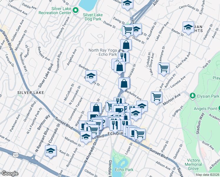 map of restaurants, bars, coffee shops, grocery stores, and more near 1520 Allesandro Street in Los Angeles