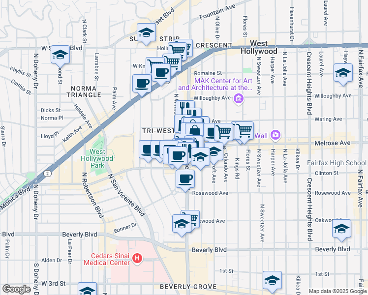 map of restaurants, bars, coffee shops, grocery stores, and more near 637 North La Cienega Boulevard in West Hollywood