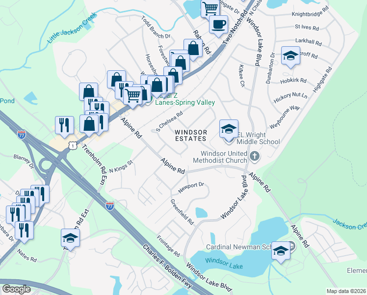 map of restaurants, bars, coffee shops, grocery stores, and more near 3002 Woodway Lane in Columbia