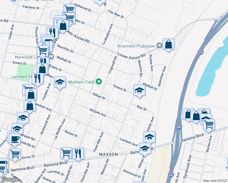 map of restaurants, bars, coffee shops, grocery stores, and more near 4540 Instar Place in El Monte