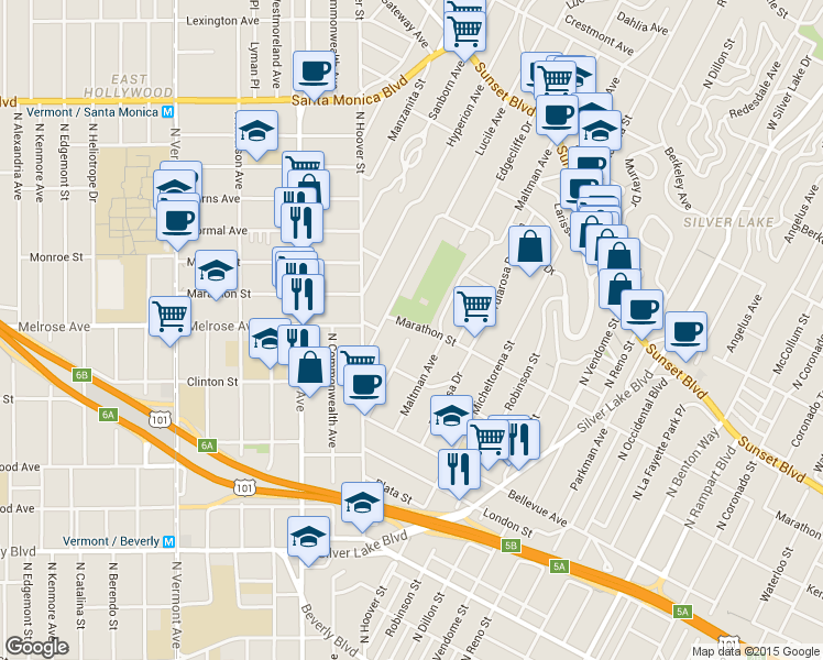 map of restaurants, bars, coffee shops, grocery stores, and more near 3630 Marathon Street in Los Angeles
