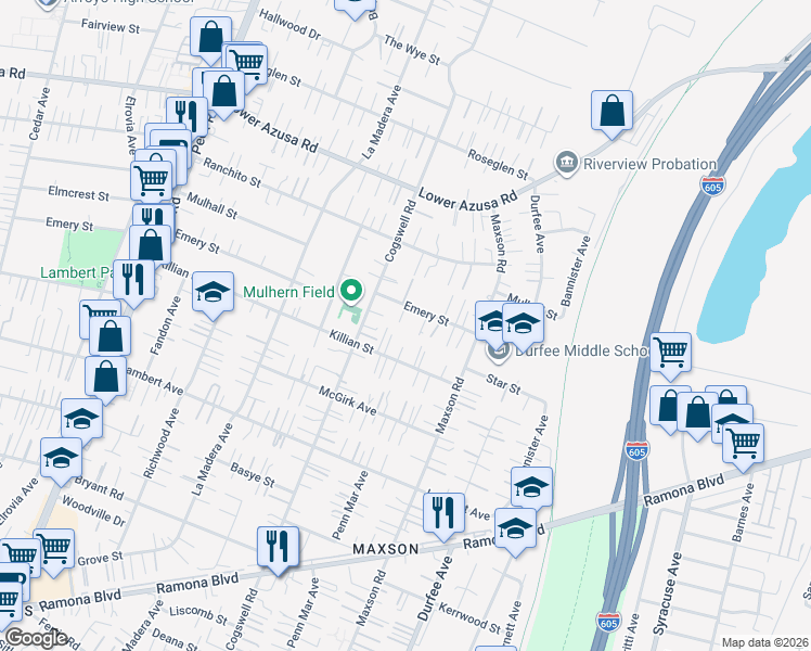 map of restaurants, bars, coffee shops, grocery stores, and more near 4540 Instar Place in El Monte
