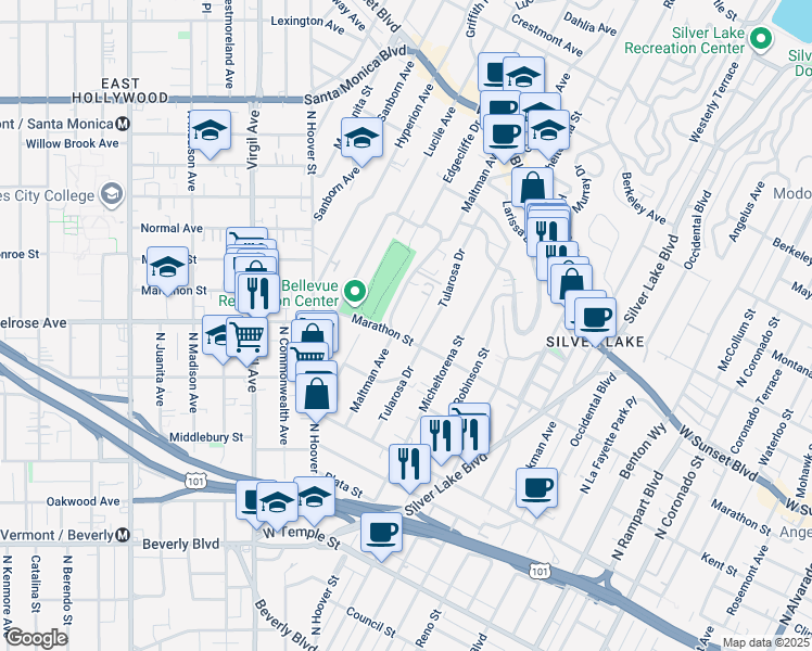map of restaurants, bars, coffee shops, grocery stores, and more near 811 Kodak Drive in Los Angeles