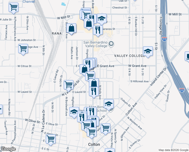 map of restaurants, bars, coffee shops, grocery stores, and more near 1444 North Mount Vernon Avenue in Colton