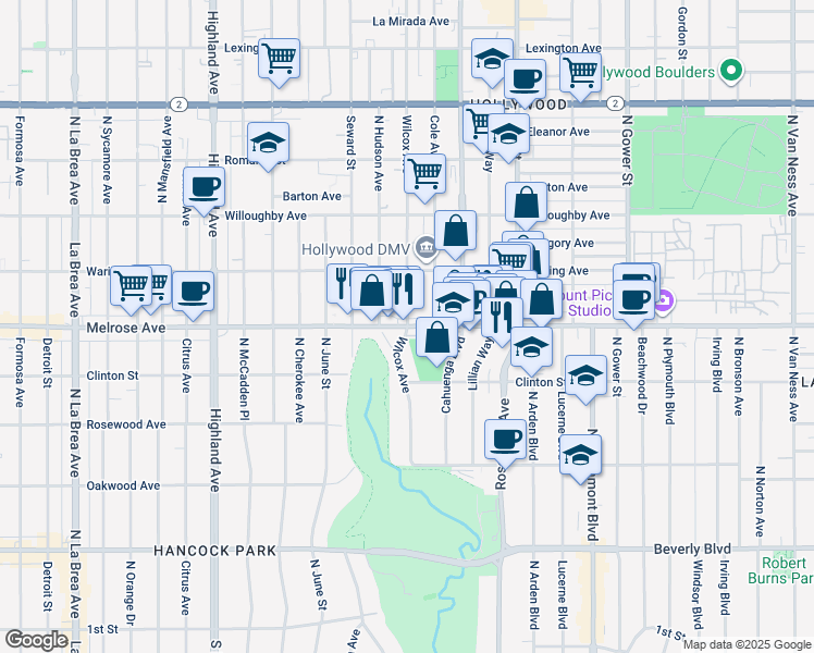map of restaurants, bars, coffee shops, grocery stores, and more near Melrose Ave & Wilcox Ave in Los Angeles