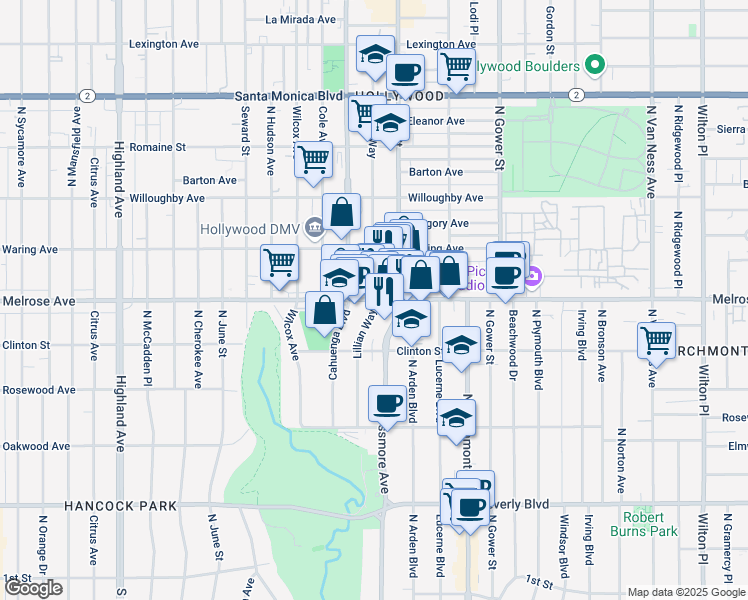 map of restaurants, bars, coffee shops, grocery stores, and more near Melrose Ave & Lillian Way in Los Angeles