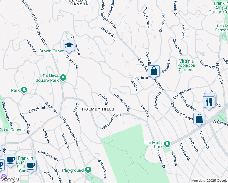 map of restaurants, bars, coffee shops, grocery stores, and more near 275 North Carolwood Drive in Los Angeles