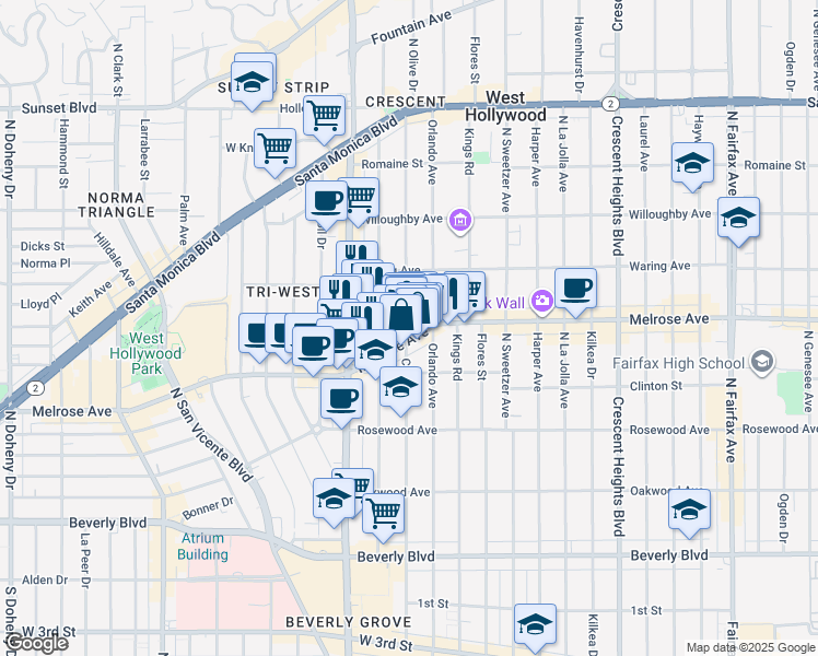 map of restaurants, bars, coffee shops, grocery stores, and more near 8428 Melrose Avenue in West Hollywood