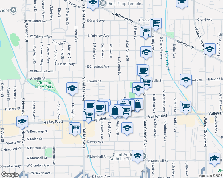 map of restaurants, bars, coffee shops, grocery stores, and more near 1328 Euclid Avenue in San Gabriel