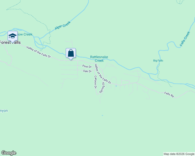 map of restaurants, bars, coffee shops, grocery stores, and more near 9355 Canyon Drive in Forest Falls