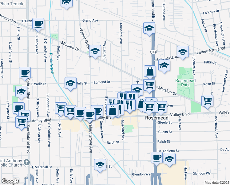 map of restaurants, bars, coffee shops, grocery stores, and more near 8743 Scott Street in Rosemead