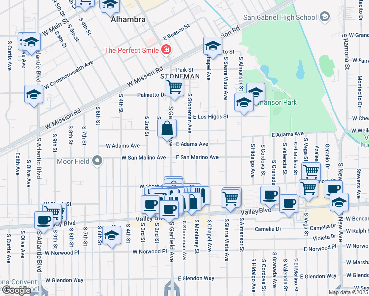 map of restaurants, bars, coffee shops, grocery stores, and more near 25 East San Marino Avenue in Alhambra