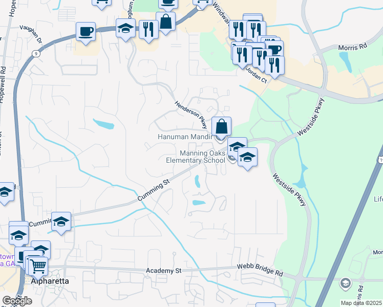 map of restaurants, bars, coffee shops, grocery stores, and more near 1547 Planters Ridge Lane in Alpharetta