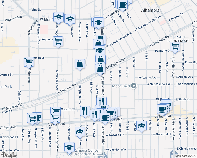 map of restaurants, bars, coffee shops, grocery stores, and more near 802 South Olive Avenue in Alhambra