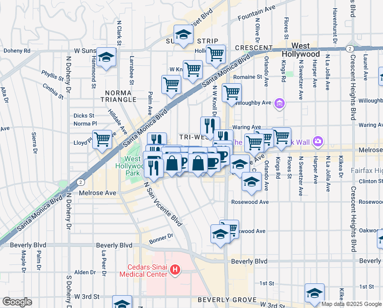 map of restaurants, bars, coffee shops, grocery stores, and more near 650 Westbourne Drive in West Hollywood