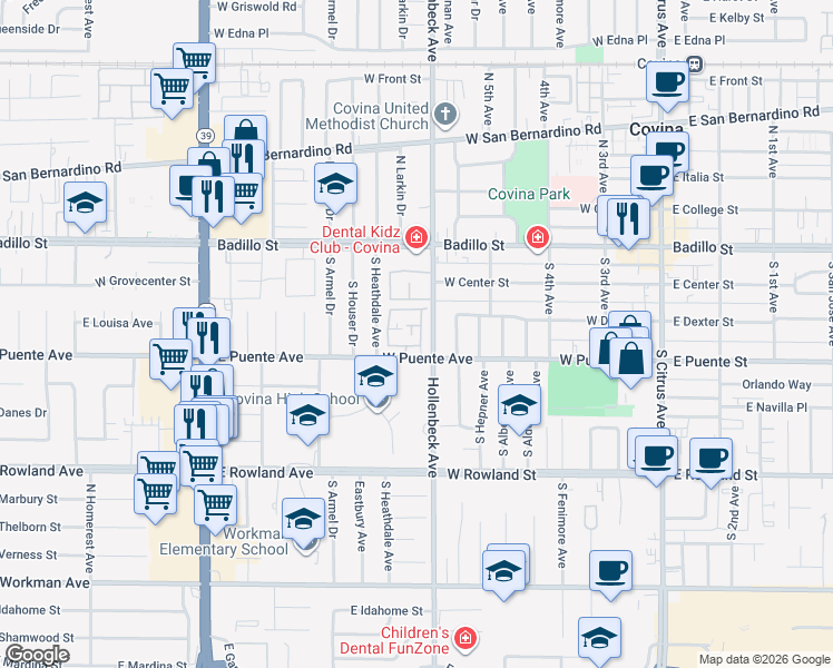map of restaurants, bars, coffee shops, grocery stores, and more near 511 West Puente Avenue in Covina