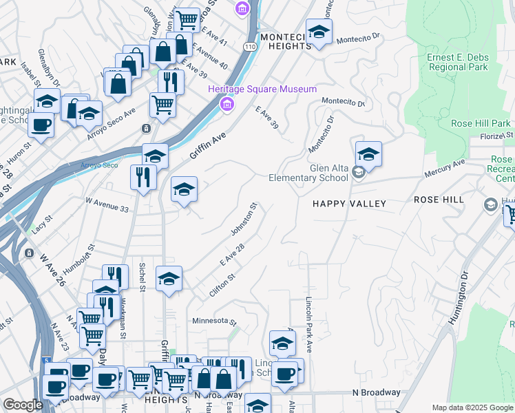 map of restaurants, bars, coffee shops, grocery stores, and more near 3308 Johnston Street in Los Angeles