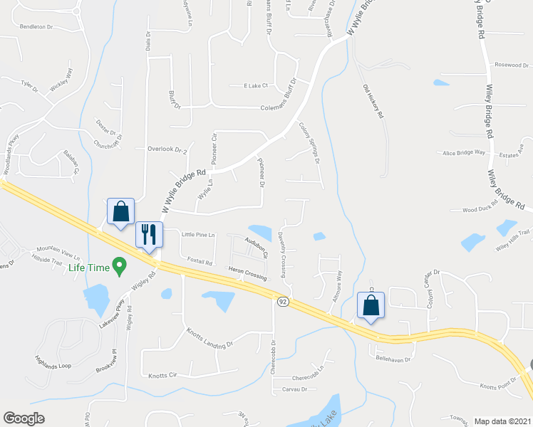 map of restaurants, bars, coffee shops, grocery stores, and more near 132 Pioneer Drive in Woodstock