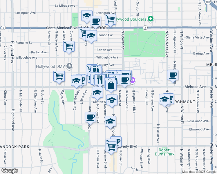 map of restaurants, bars, coffee shops, grocery stores, and more near Melrose Avenue & North El Centro Avenue in Los Angeles