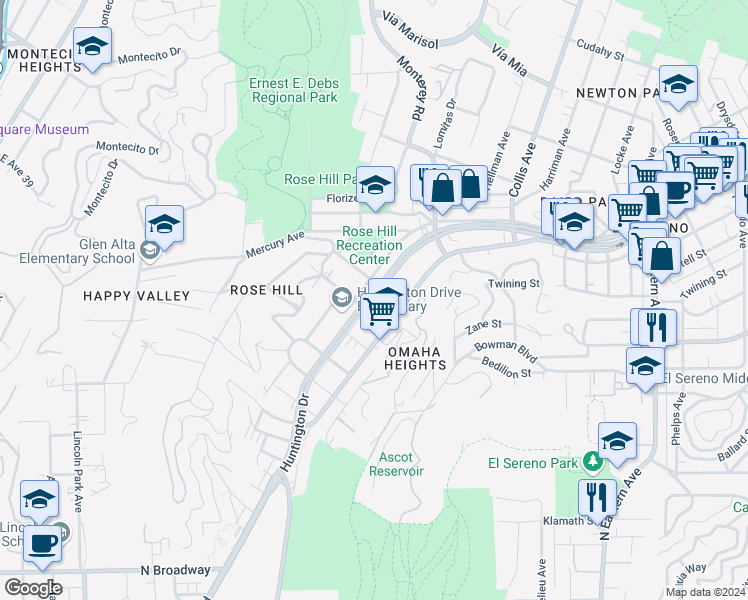 map of restaurants, bars, coffee shops, grocery stores, and more near 4451 Huntington Drive North in Los Angeles