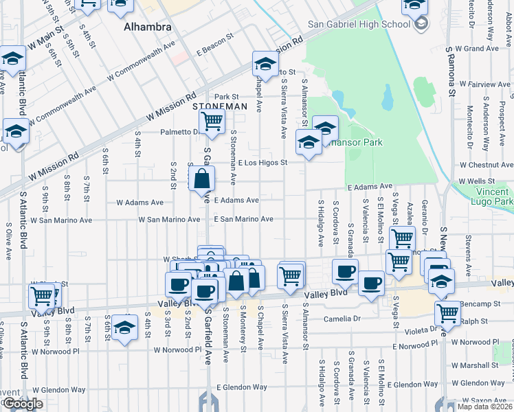 map of restaurants, bars, coffee shops, grocery stores, and more near 128 East Adams Avenue in Alhambra