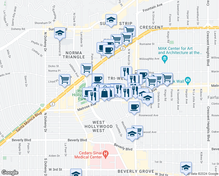 map of restaurants, bars, coffee shops, grocery stores, and more near in West Hollywood
