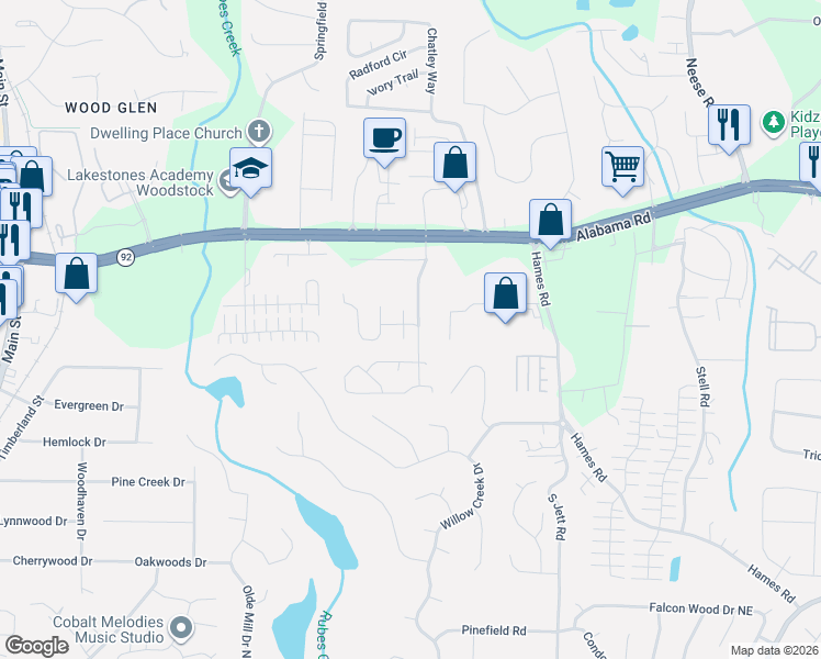 map of restaurants, bars, coffee shops, grocery stores, and more near 1114 Rook Place in Woodstock