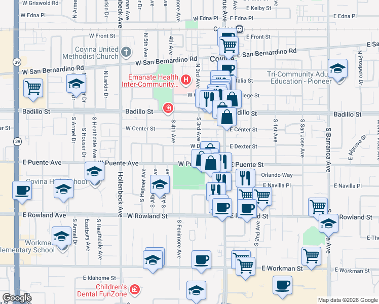 map of restaurants, bars, coffee shops, grocery stores, and more near 222 West Dexter Street in Covina