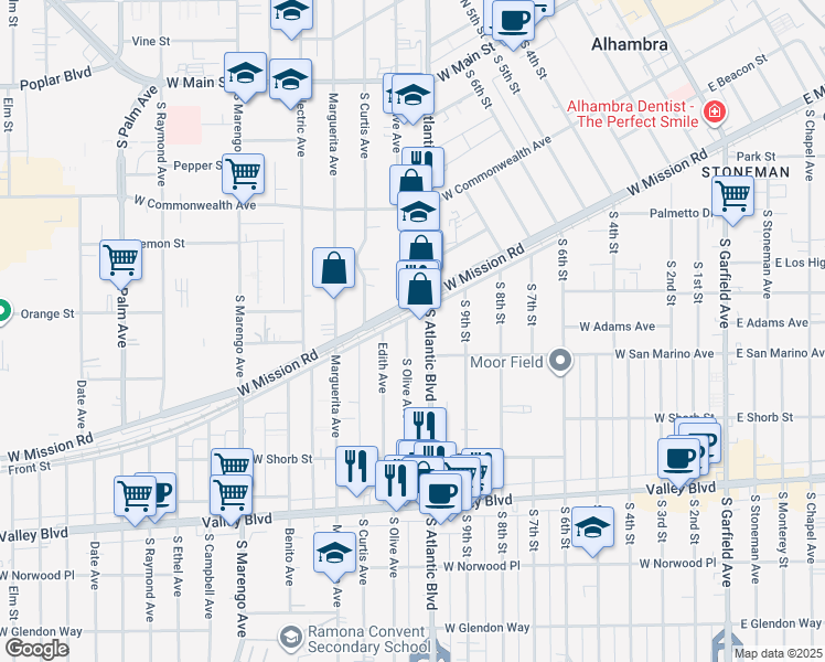 map of restaurants, bars, coffee shops, grocery stores, and more near 802 South Olive Avenue in Alhambra