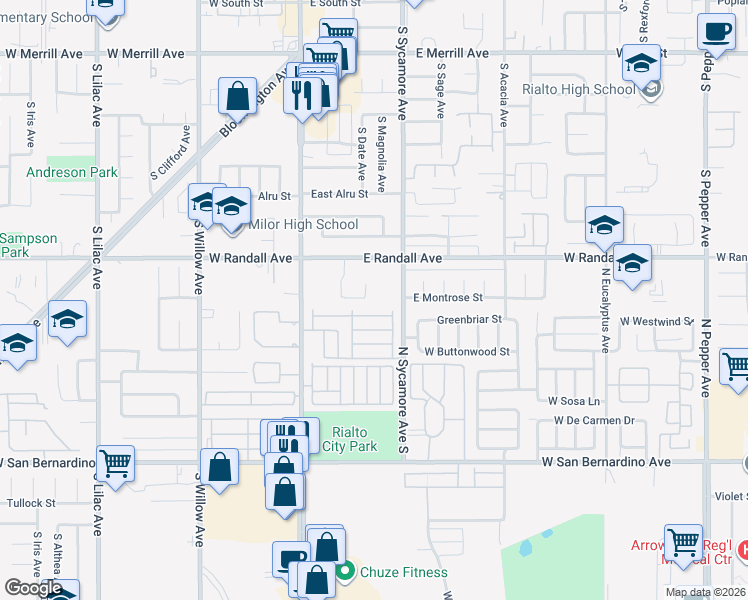 map of restaurants, bars, coffee shops, grocery stores, and more near 265 East Montrose Street in Rialto