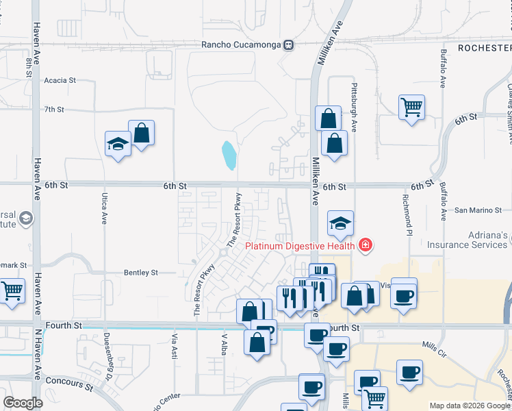 map of restaurants, bars, coffee shops, grocery stores, and more near 9439 Retreat Place in Rancho Cucamonga