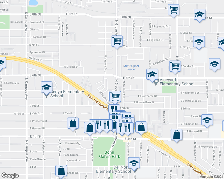 map of restaurants, bars, coffee shops, grocery stores, and more near 1360 North Grove Avenue in Ontario