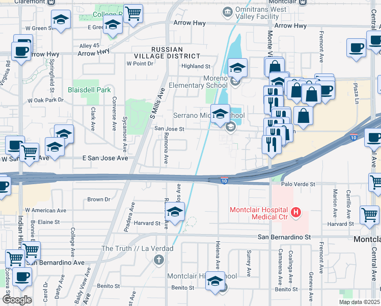 map of restaurants, bars, coffee shops, grocery stores, and more near 9430 Felipe Avenue in Montclair