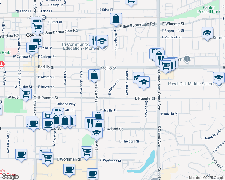 map of restaurants, bars, coffee shops, grocery stores, and more near 554 East Algrove Street in Covina