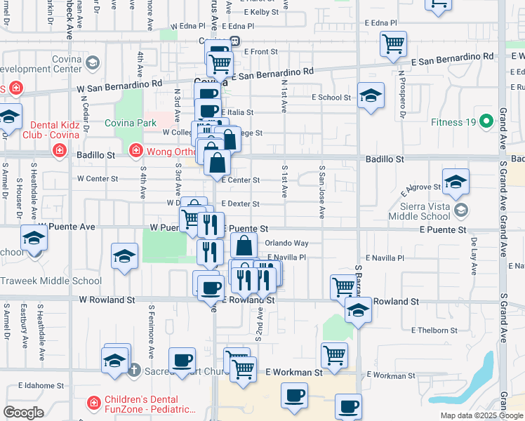 map of restaurants, bars, coffee shops, grocery stores, and more near 259 East Puente Street in Covina
