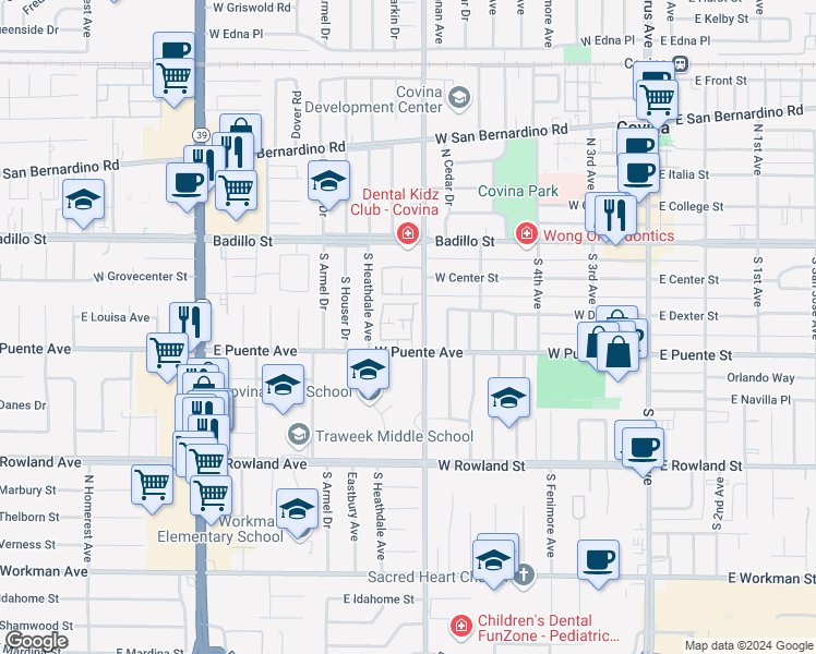 map of restaurants, bars, coffee shops, grocery stores, and more near 511 West Puente Avenue in Covina