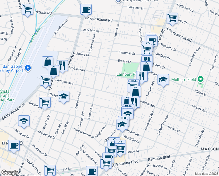 map of restaurants, bars, coffee shops, grocery stores, and more near 11349 Lambert Avenue in El Monte