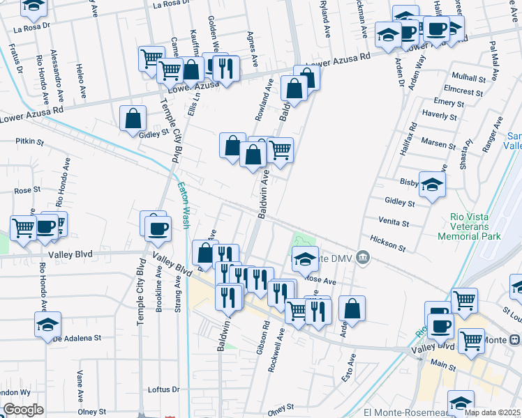 map of restaurants, bars, coffee shops, grocery stores, and more near 4163 Baldwin Avenue in El Monte