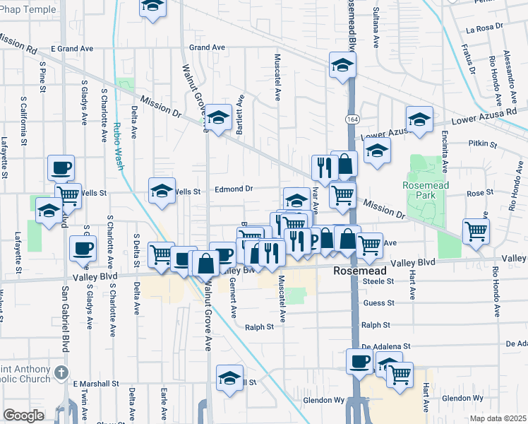 map of restaurants, bars, coffee shops, grocery stores, and more near 8743 Scott Street in Rosemead