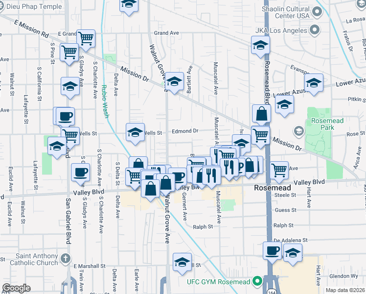 map of restaurants, bars, coffee shops, grocery stores, and more near 8655 Scott Street in Rosemead