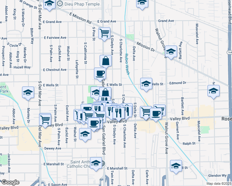 map of restaurants, bars, coffee shops, grocery stores, and more near 841 Scott Street in San Gabriel